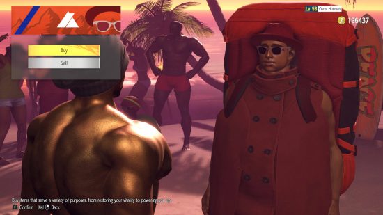 One of the Merchant Hawkers who sells Street Fighter 6 World Tour upgrades. This one is on Bathers Beach with some revellers.