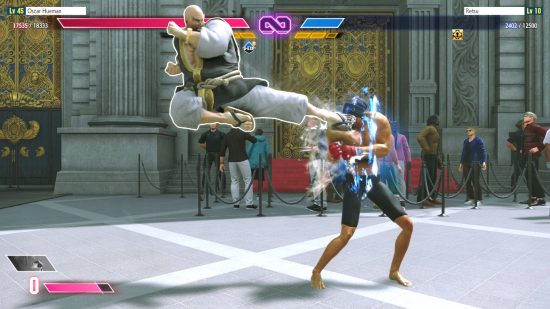 The player character, Oscar Hueman, is fighting a monk named Retsu outside of the Masters Building in order to get one of the Street Fighter 6 World Tour upgrades.