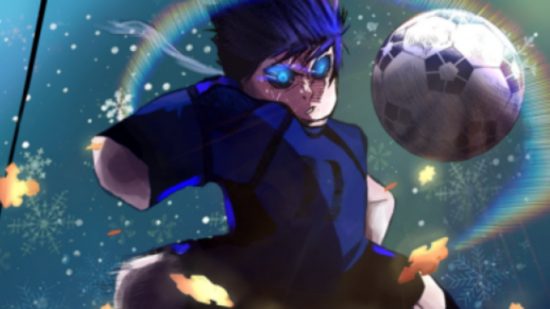 Striker Odyssey codes: artwork of a Roblox character kicking a ball.