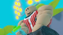 Strongman Simulator codes: A muscular Robloxian sits below a set of floodlights, a water bottle in hand.