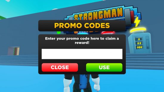 The code redemption screen where you can enter Strongman Simulatror codes for free stuff.