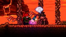 Terraria 1.4.5 - a red-headed lady pets a smiling pink slime as a man with a top hat and cane watches on, all in the underground pits of hell.