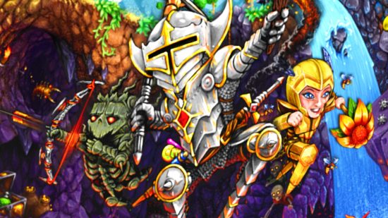 Terraria board game - a silver armored figure leaps out, with characters in green jungle armor and a gold armor set behind them.