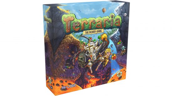 Terraria the board game - concept box art, featuring the iconic Terraria figure of an person in silver armor with gold trim, joined by several other characters as they explore the various biomes.