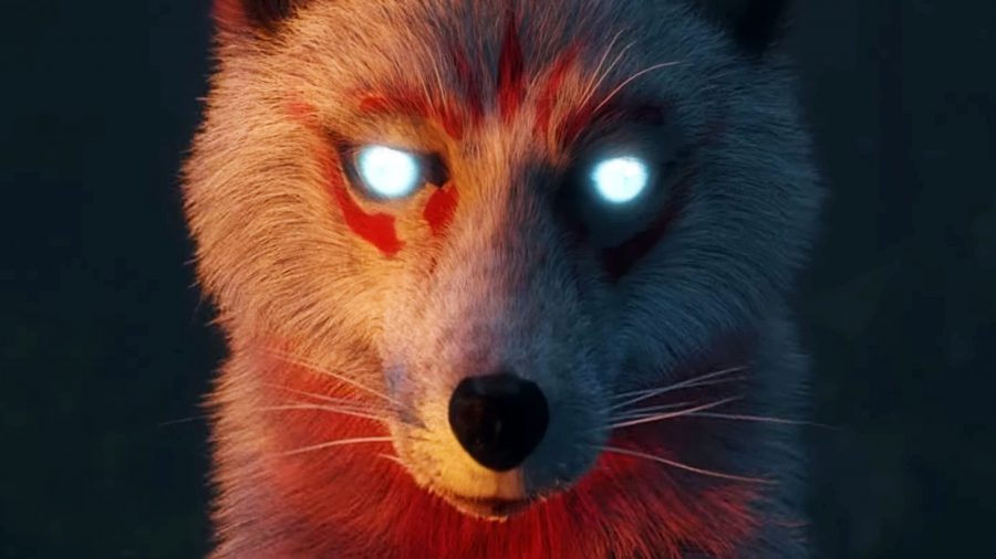 The Spirit of the Samurai - a wolf with white fur, red markings, and luminous ice-blue eyes.