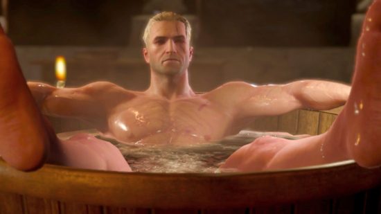 Snag The Witcher 3 and the entire series dirt cheap, but be quick: a white haired man sitting in a wodden bathtub, with his feet poking out of the front