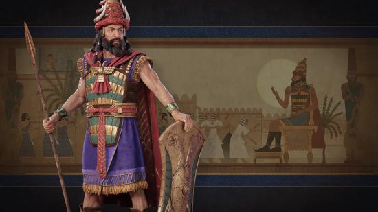 Total War Pharaoh factions: a man dressed in traditional war garb, holding a spear and a shield.