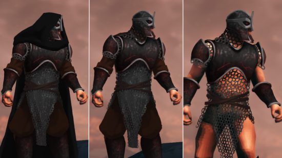 Valheim Ashlands armor - three concepts, for flametal plate armor with chainmail and cloth undergarments.