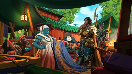 Valheim Hildir's Request - several adventurers stand around chatting to Hildir, an aqua-skinned dwarf in the viking survival game.