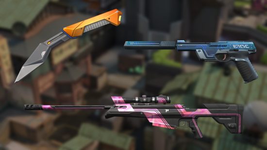 An image showing Blush, Composite, and Digihex skins from the Valorant Episode 7 Act 1 battle pass