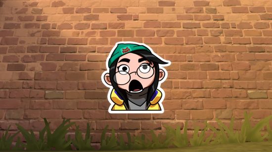 A cartoon spray of Valorant Sentinel agent Killjoy with her mouth agape and glasses squint on a brick wall with some grass