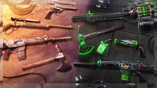 the Neo Frontier set of Valorant skins, with an old west wooden style on the left, and a neon green set on the right.