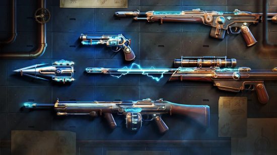 A collection of brass-coloured guns with blue electricity sparking from then on a marbled grey background