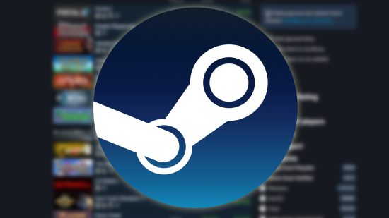 Image of the Steam logo in front of a blurred screenshot of the Steam storefront.