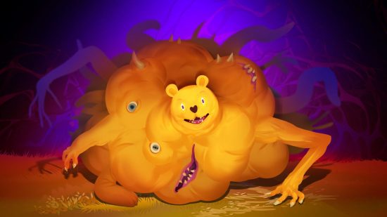 Bizarre Winnie the Pooh horror game is literal nightmare fuel: A yellow creature with multiple limbs, eyes, and teeth sits bloated on a purple background