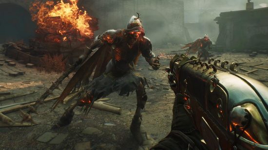 A skeletal warrior with glowing red eyes attacks the player in a burning village as the player raises their shotgun