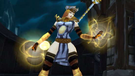 A pixelated woman wearing a blue hat and robes with golden thigh high boots and long brown hair conjures golden magic from her hands with a staff on her back