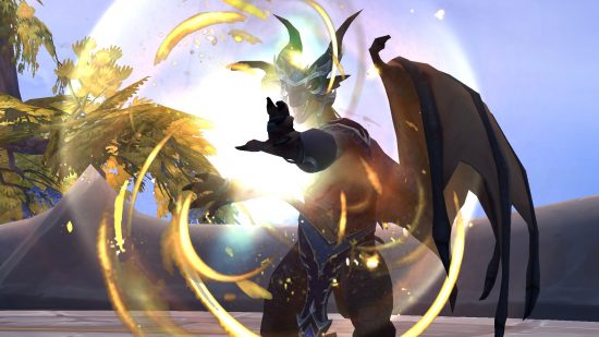 A black bipedal dragon sending out a golden swirl of magic from its hand