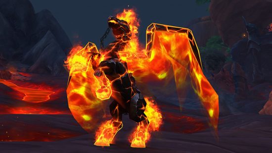 The Cindermane Charge, a fiery steed that features in the WoW Trading Post rewards, rears up on its hind legs beside a lava pool.