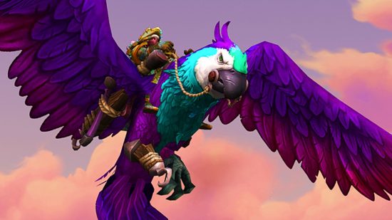 The Quawks Parrot mount, a bonus reward in the WoW Trading Post, showing off its bright purple and teal feathers with its wings outspread against a dusk sky, an adventurer on its back.