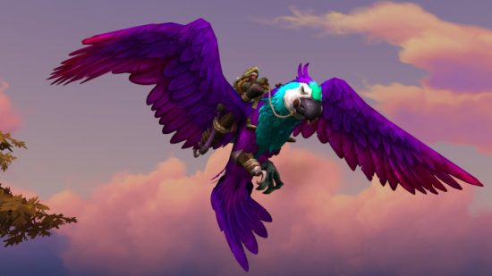 A huge purple parrot with a blue body and head and a character riding it hovers in the air looking down