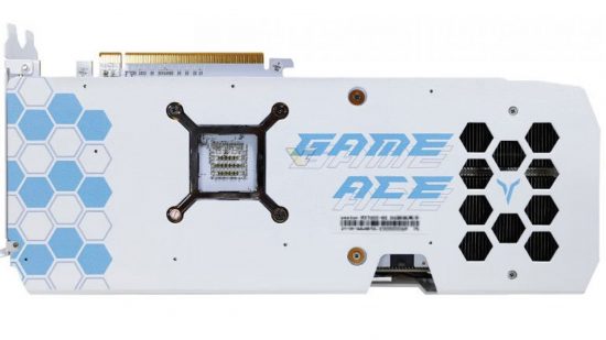 An image of the backplate of a white and babyblue RTX 4060 Ti from Yeston, on a white background.
