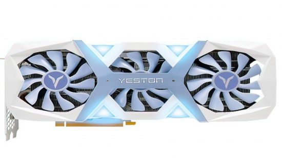 An image of a white and baby-blue RTX 4060 Ti from Yeston, on a white background.