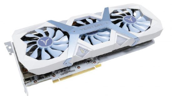 An image of a white and babyblue RTX 4060 Ti from Yeston, on a white background.