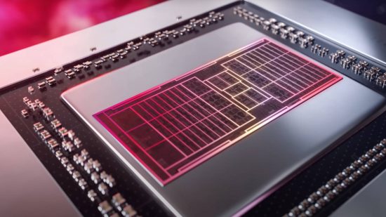 Spekulationen über das Erscheinungsdatum der AMD Radeon RX 7800: Eine Nahaufnahme der AMD-Chip-Hardware in violettem Licht.