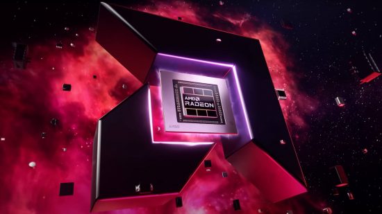 Spekulationen über das Erscheinungsdatum der AMD Radeon RX 7800: Ein großes AMD-Logo erscheint mit einem Stück Hardware darin vor einem violetten Himmel.