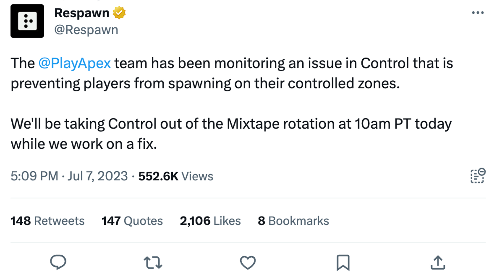 A Tweet from the official support account for Apex Legends describing the removal of Control