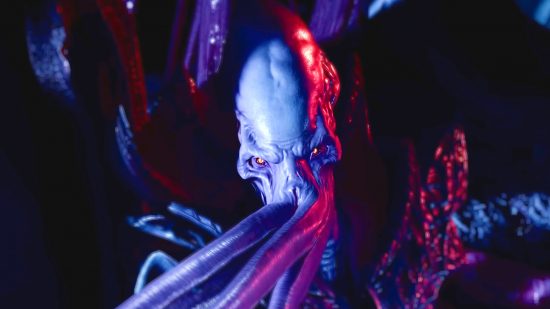 A purple Mindflayer from Baldur's Gate 3 stares with glowing eyes toward the camera