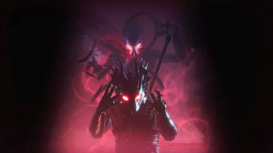 A tentacled mind flayer stands behind a dark dragon-headed figure, both with glowing red eyes