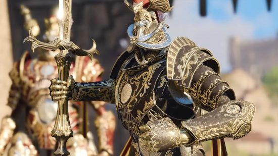 A knight wearing black and gold armor with an ornate helmet, holding up his sword