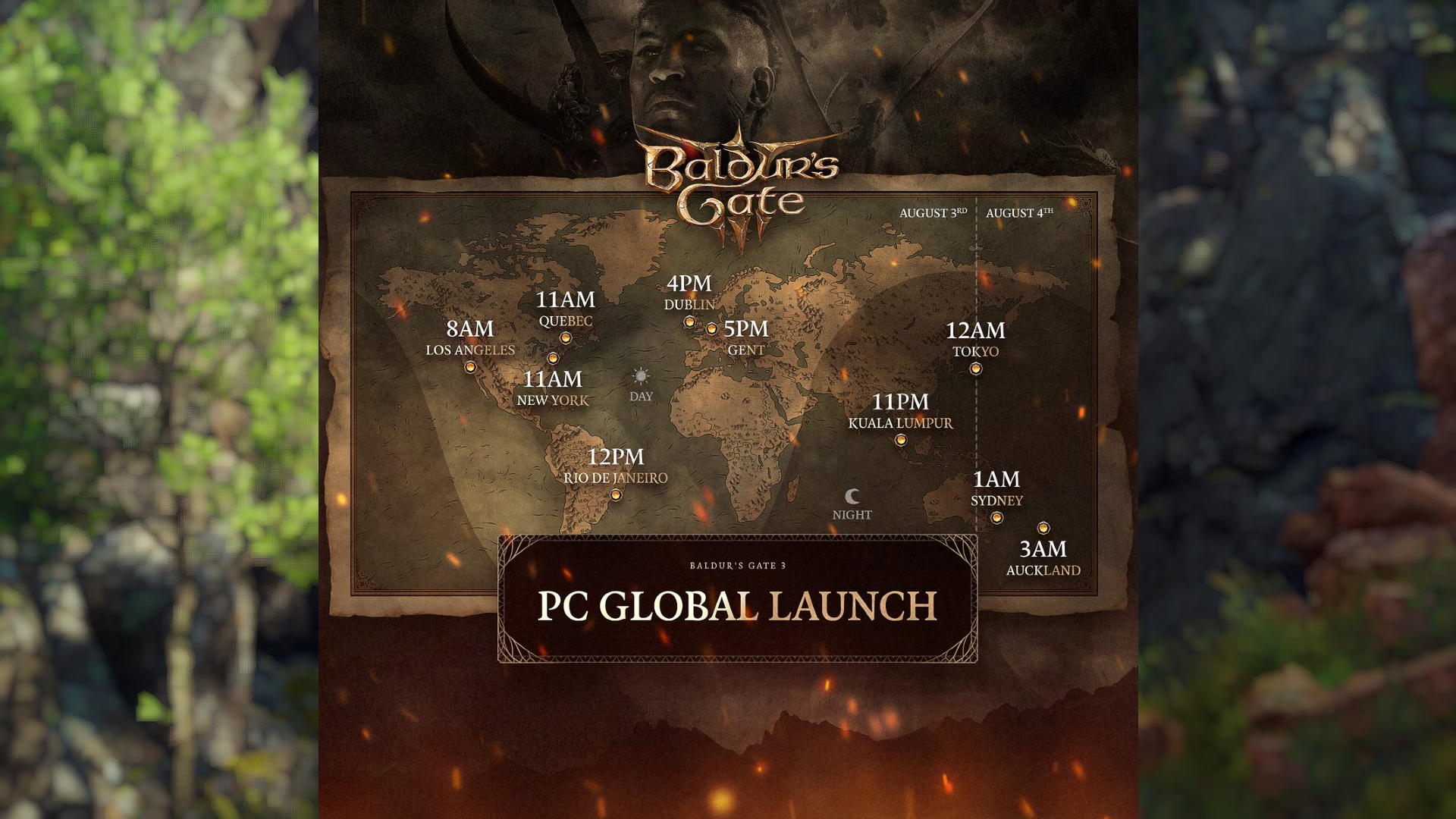 A map showcasing each time zone's Baldur's Gate 3 release time