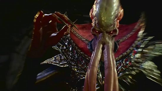 A Mindflayer with long tentacles on his face stands with his long-clawed hand out