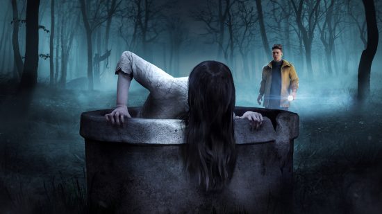 Sadako, a long black-haired girl from The Ring, climbs out of a well in the woods with a yellow-jacketed man standing behind her holding a flashlight