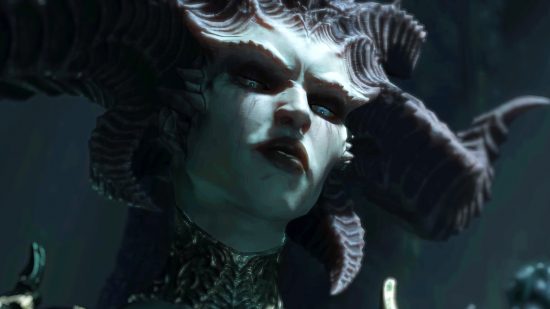 Lilith, a horned demon, from Diablo 4 looks upward with her lips slightly parted