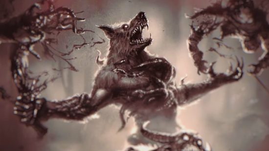 A werewolf-like character screams into the air with his arms out at either side