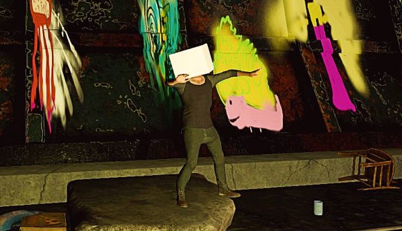 A person with a white box as a head staggers in a tunnel covered by graffiti