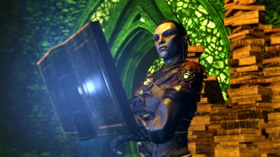 A Dark Elf holds a magical floating book in a green-lit room
