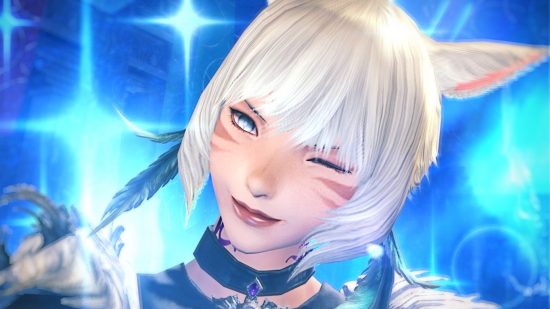 Y'shtola, a white-haired female character with cat ears from Final Fantasy XIV, smiles and winks