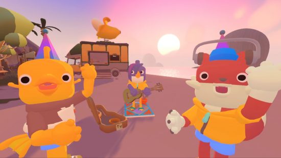 Animal-like chibi characters listening to music and playing instruments on a beach as the sun sets