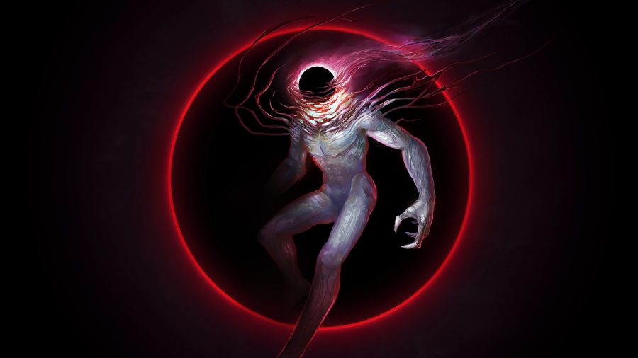 A white, humananoid creatur climbing out of a black and red hole