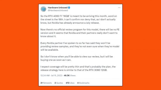 Nvidia GeForce RTX 4060 Ti 16GB review program: tweet from Hardware Unboxed appears in front of an orange background.