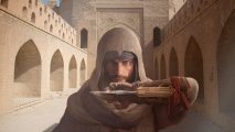 Assassin's Creed Mirage: A determined looking man with a beard and white hooded shawl showing his retractable wrist blade attached to leather gauntlets inside a middle eastern castle.