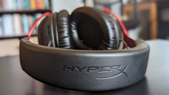 HyperX Cloud 3 review: close up of a headset's headband with the word 'HyperX' clearly visible in the light.