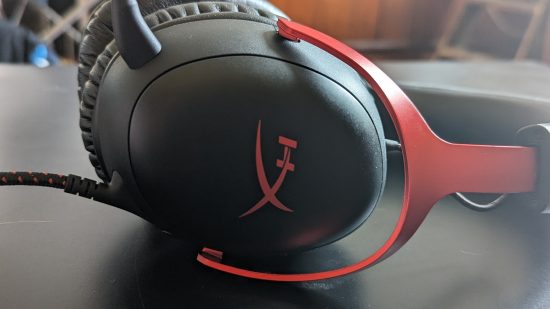 HyperX Cloud 3 review: a side-on view of a headset shows the HyperX logo on the back of the earcups.