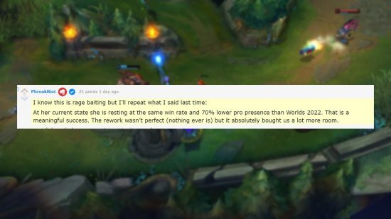 A comment from League of Legends developer Phreak discussing the state of Yuumi after her rework