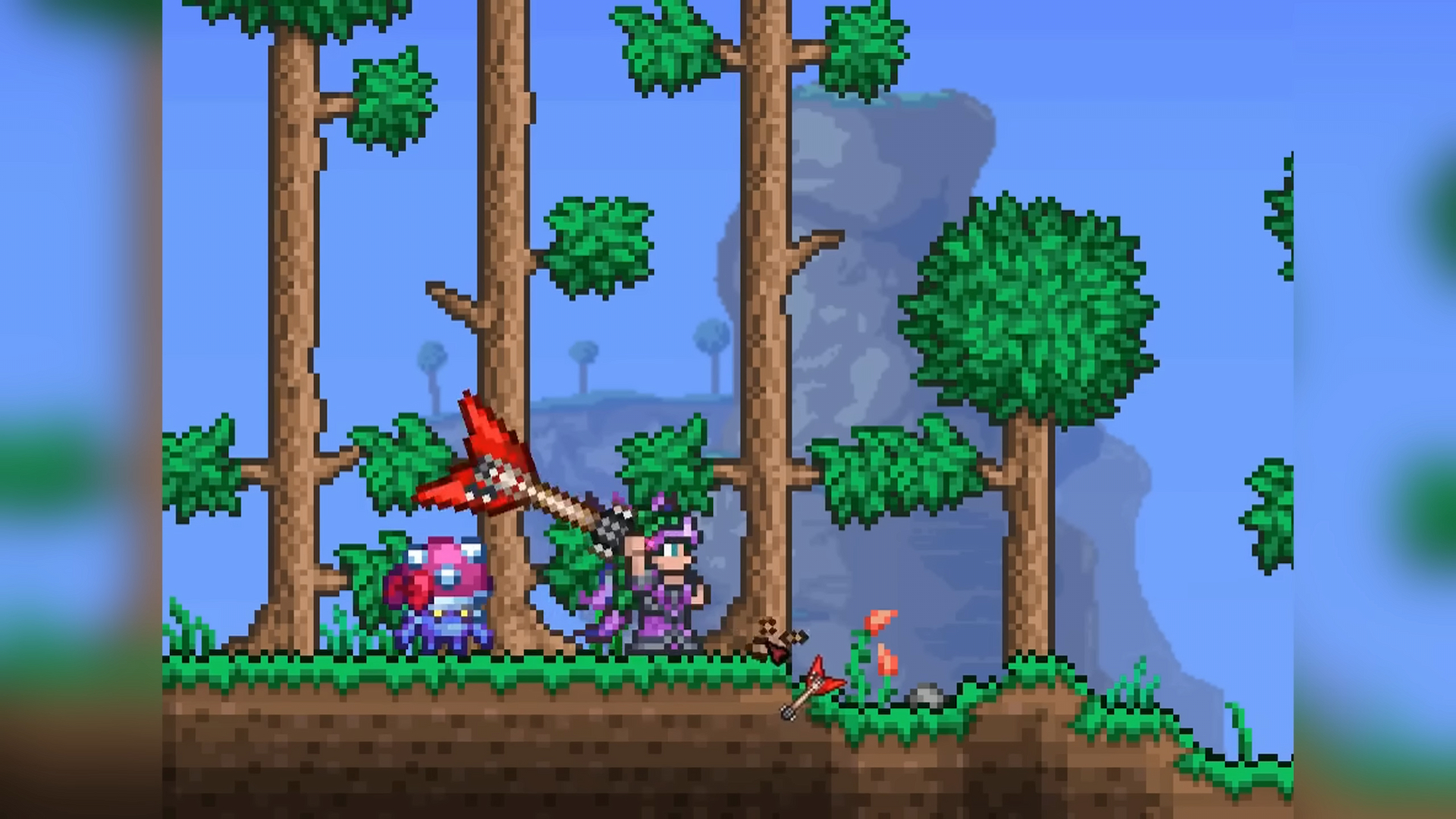 Cenx's green-haired Terraria character chopping a tree down with an axe while having a Mushroom Boi! pet from Dead Cells out